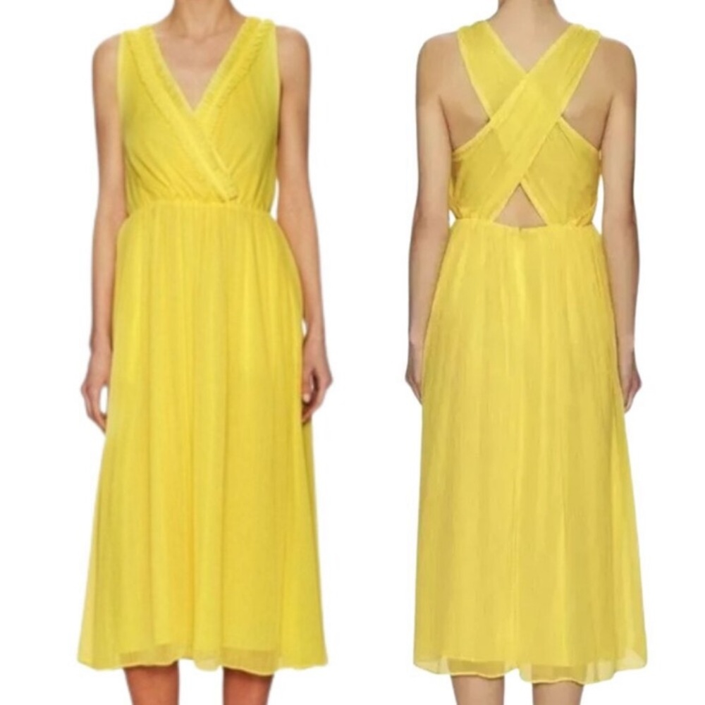 Rachel Rachel Roy Yellow Chiffon Midi Dress Ruffle V-Neck Cross Back 0 XS